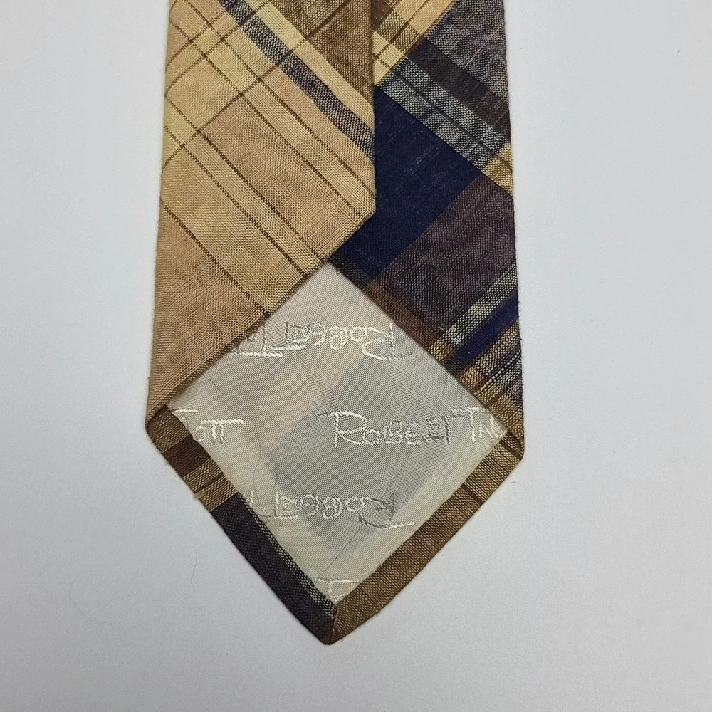 Robert Talbott Vintage Necktie Blue Brown Plaid Tartan Cotton 57